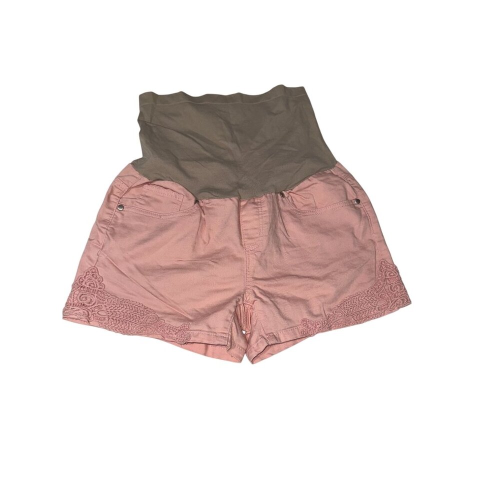 Bella Vida Maternity Pink Lace Trim Shorts With Stretch Belly Panel Size L